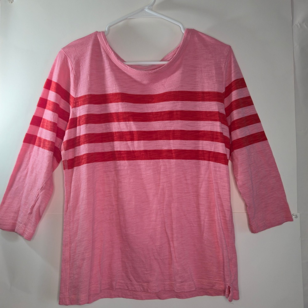 T by Talbots Pink Red Striped Slub Knit Long Sleeve Top Petite Medium MP